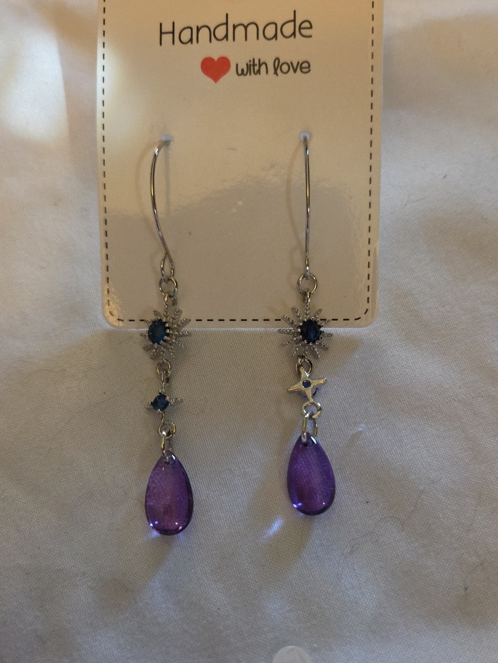 Handmade Silver-Tone Purple Teardrop Dangle Earrings